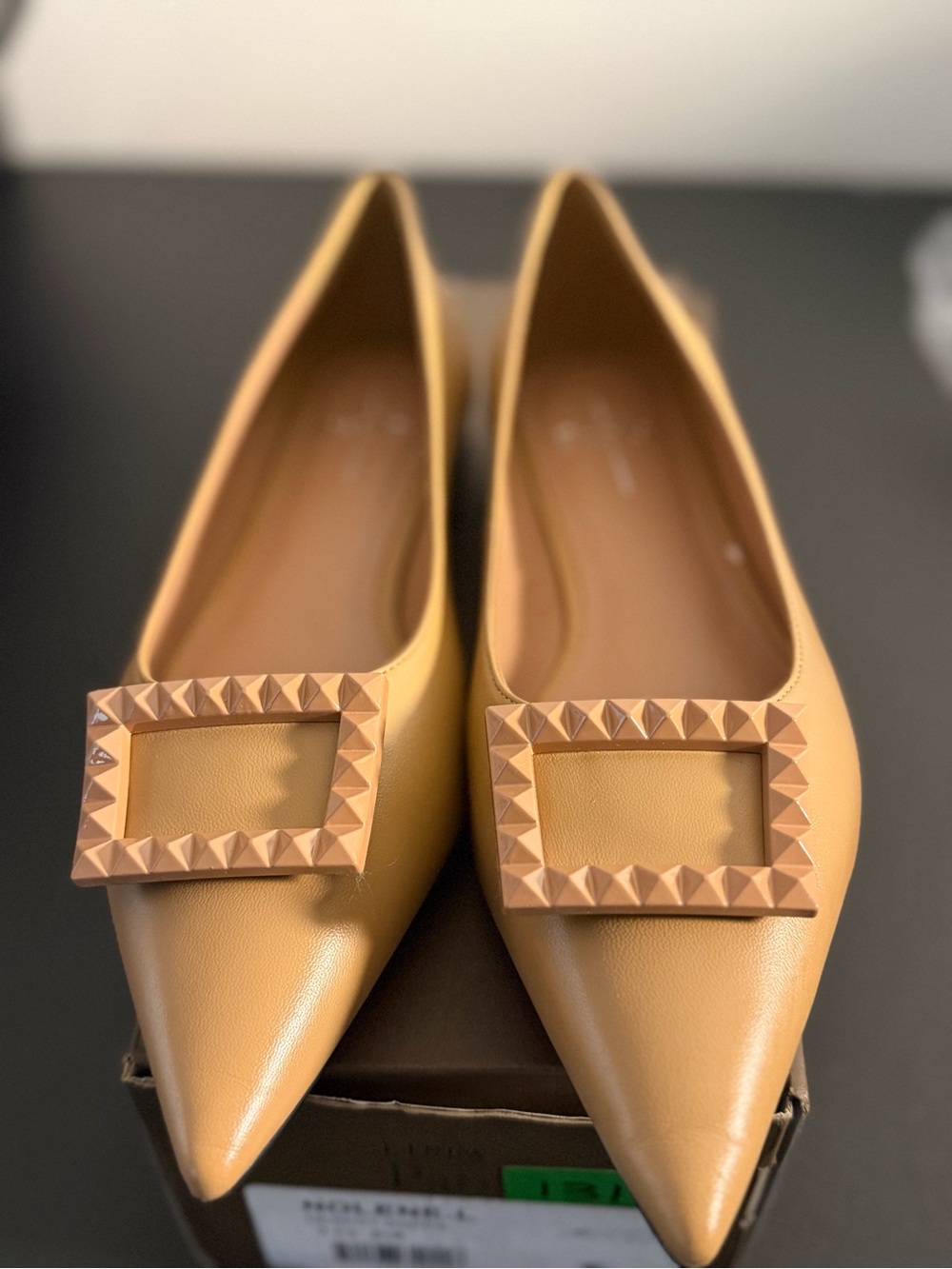 Paolo Mustard Yellow Pointed Toe Flats with Studded Buckle
